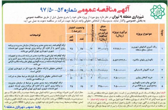 آگهی مناقصه عمومی, مناقصه رنگ آمیزی المانهای شهری و جداول