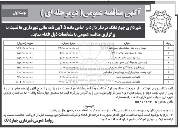 آگهی مناقصه عمومی, مناقصه بهسازی و مرمت آسفالت معابر سطح شهر ...