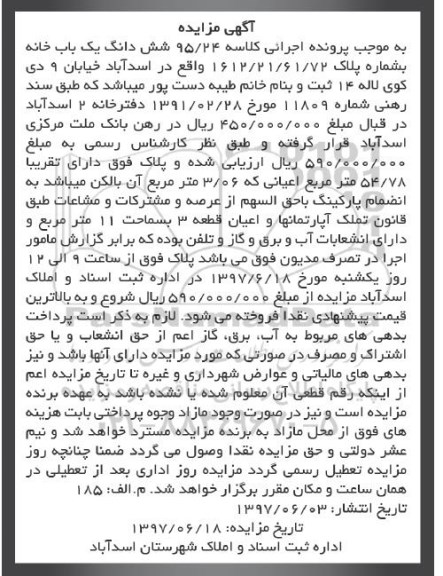 مزایده,مزایده ششدانگ یکباب خانه مساحت 54.78متر