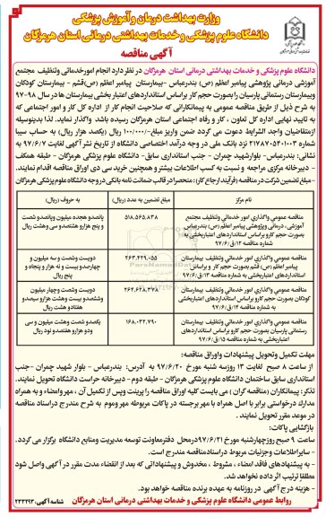 آگهی مناقصه, مناقصه عمومی واگذاری امور خدماتی و تنظیف مجتمع آموزشی درمانی پژوهشی ...