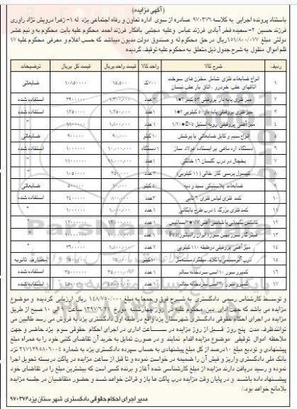 مزایده ,مزایده فروش انواع ضایعات فلزی، میز فلزی پایه دار، میز فلزی پروفیلی ...