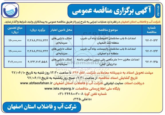 آگهی برگزاری مناقصه عمومی, مناقصه احداث 5 باب ساختمان تاسیسات چاه آب شرب... نوبت دوم 