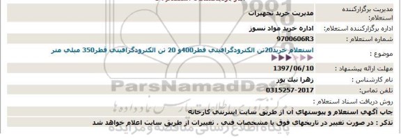 استعلام , استعلام خرید 20 تن الکترود گرافیتی قطر 400 و 20...