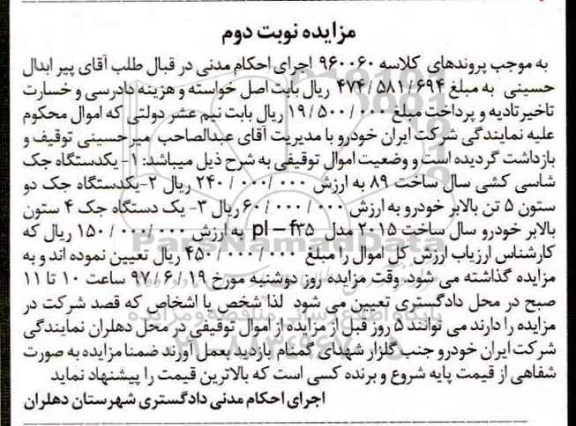 مزایده, مزایده یکدستگاه جک شاسی کشی و ...نوبت دوم