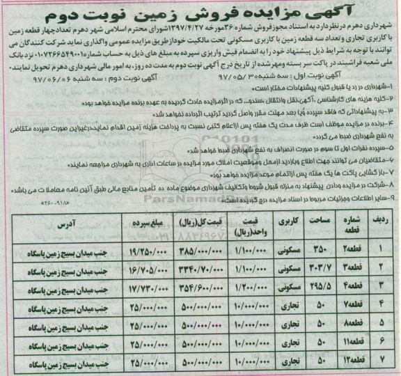 مزایده,مزایده واگذاری تعداد 4 قطعه زمین با کاربری تجاری و سه قطعه زمین مسکونی نوبت دوم