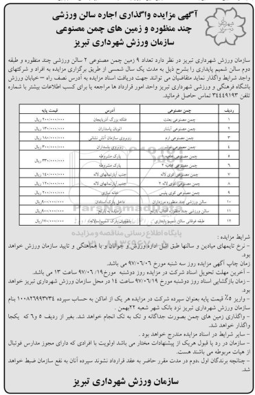 آگهی مزایده, آگهی مزایده واگذاری اجاره سالن ورزشی چند منظوره و زمین های چمن مصنوعی