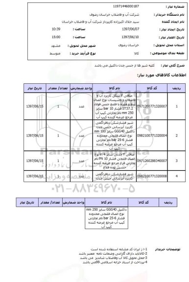استعلام, استعلام صافی و شیر فشارشکن و...