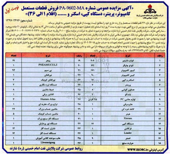 مزایده عمومی, مزایده 36 قلم قطعات مستعمل 