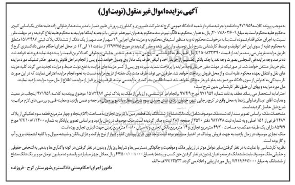 مزایده, مزایده 29 سهم از صد سهم از یک دانگ از پلاک ثبتی 151/2487 نوبت اول