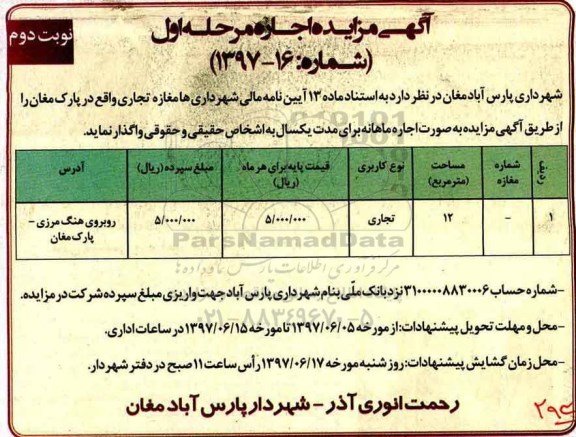 آگهی مزایده, مزایده واگذاری مغازه تجاری (نوبت دوم)