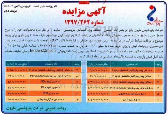آگهی مزایده, مزایده پودر پلی اتیلن نامنطبق نوبت دوم