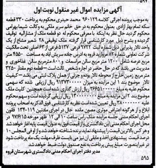 مزایده,مزایده 28 شعیر مشاع از یک واحد تالار پذیرایی مساحت 4550متر