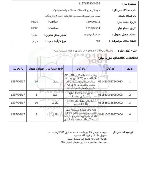 استعلام, واسکازین 140 و ضدیخ و آب رادیاتور و مایع شیشه شور 