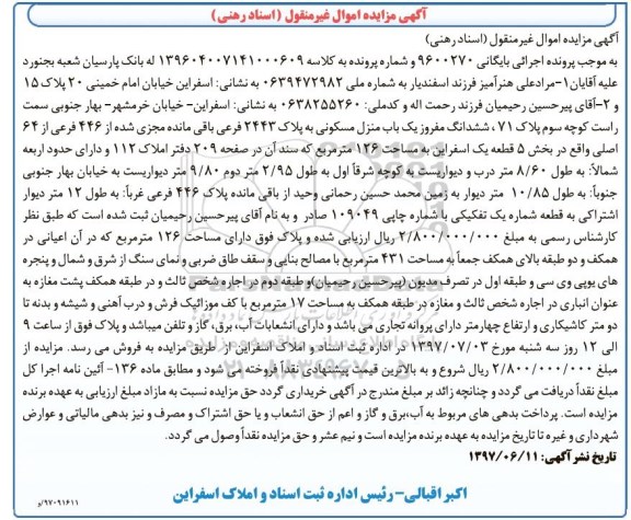 مزایده ,مزایده ششدانگ منزل مسکونی مساحت 126متر 