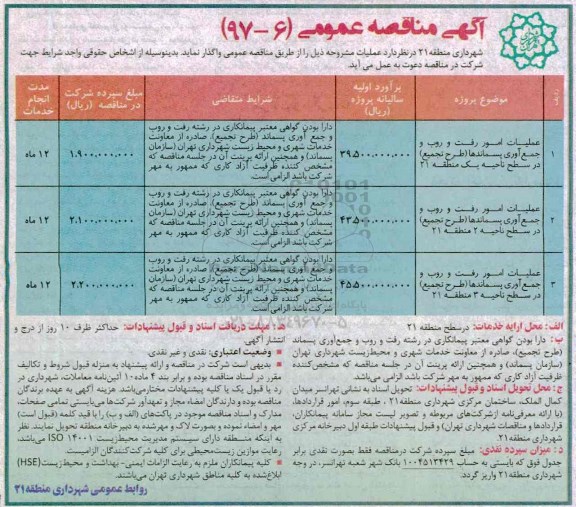 آگهی مناقصه عمومی , مناقصه عملیات امور رفت و روب و جمع آوری پسماندها 