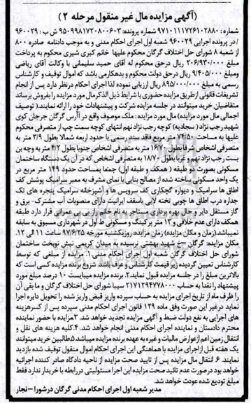 مزایده,مزایده ملک مساحت 74.50متر مرحله دوم