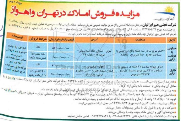 مزایده ,مزایده فروش املاک مساحت 280 و 32223متر نوبت دوم