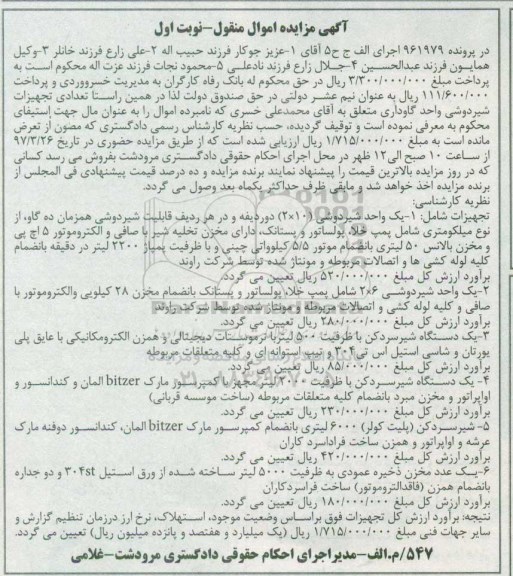 مزایده, مزایده یک واحد شیردوشی و ...