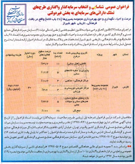 فراخوان عمومی , فراخوان شناسایی و انتخاب سرمایه گذار واگذاری طرحهای تملک - 97.6.12