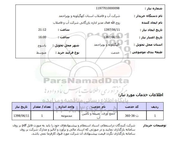 استعلام, ​جمع آوری، تصفیه و تامین آب