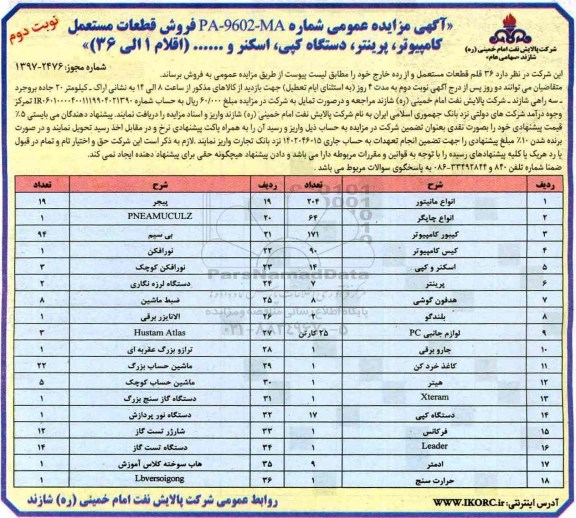 مزایده عمومی, مزایده 36 قلم قطعات مستعمل  نوبت دوم 