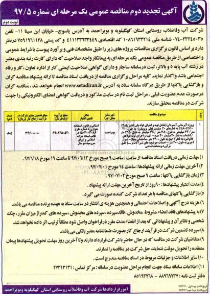 تجدید آگهی مناقصه عمومی, تجدید مناقصه پروژه آبرسانی - نوبت دوم 