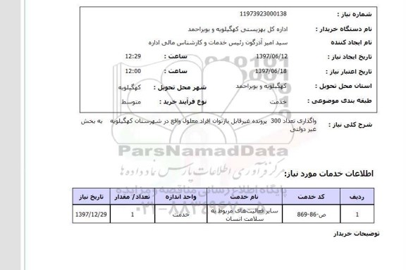 استعلام, استعلام واگذاری تعداد 300 پرونده غیرقابل بازتوان افراد معلول...