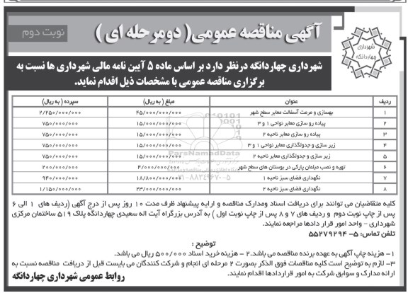 آگهی مناقصه عمومی, مناقصه بهسازی و مرمت آسفالت معابر سطح شهر ... نوبت دوم 