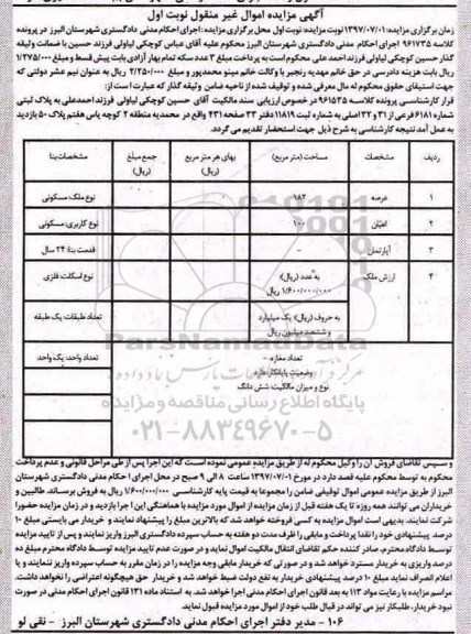 مزایده,مزایده پلاک ثبتی مساحت عرصه 182متر نوبت اول 