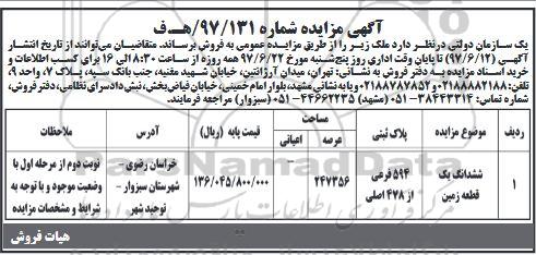 مزایده,مزایده فروش ششدانگ زمین مساحت 247356متر