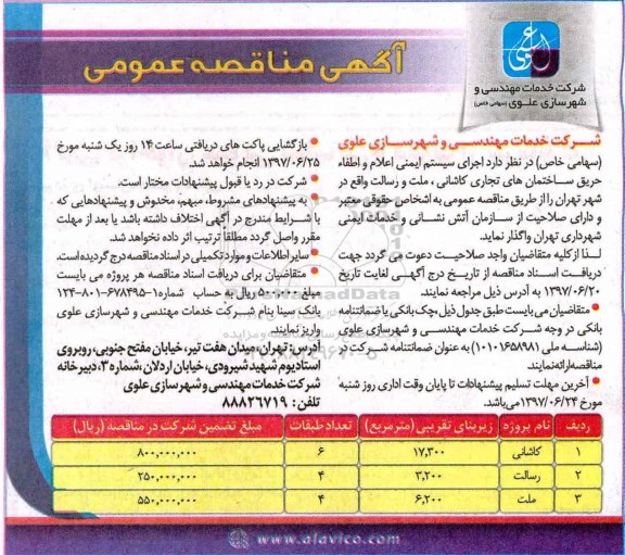آگهی مناقصه عمومی , مناقصه اجرای سیستم ایمنی اعلام و اطفاء حریق