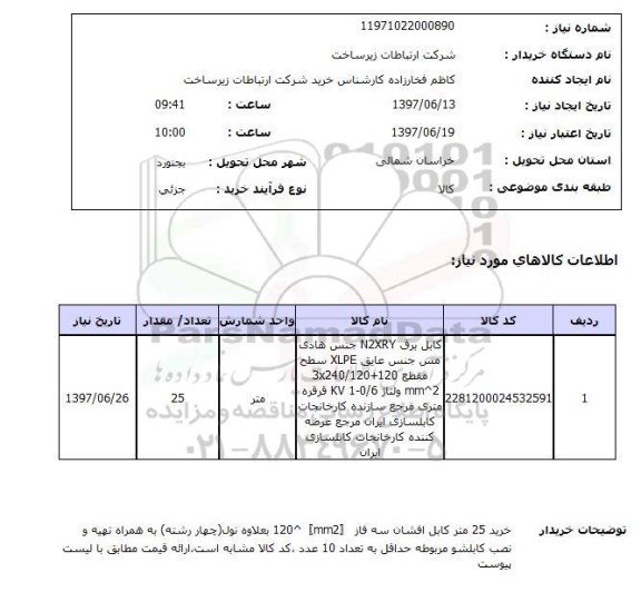 استعلام, استعلام کابل برق مسی