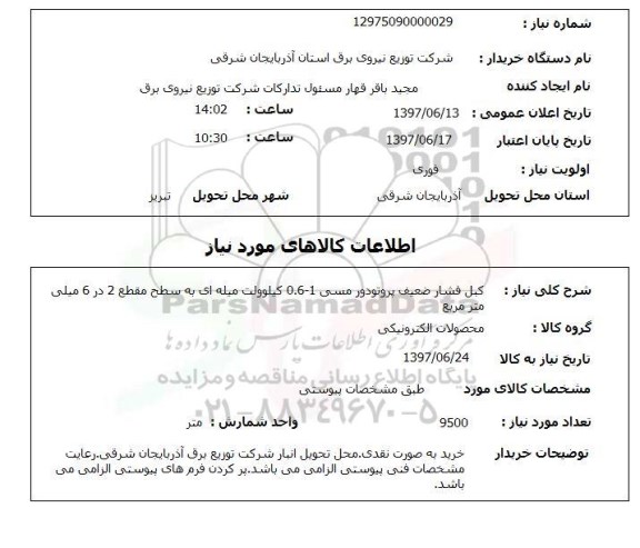 استعلام ,استعلام کبل فشار ضعیف پروتودور مسی ...