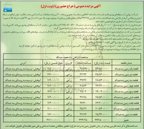 تجدید مزایده عمومی،مزایده اجاره اراضی بند محمد عبداله