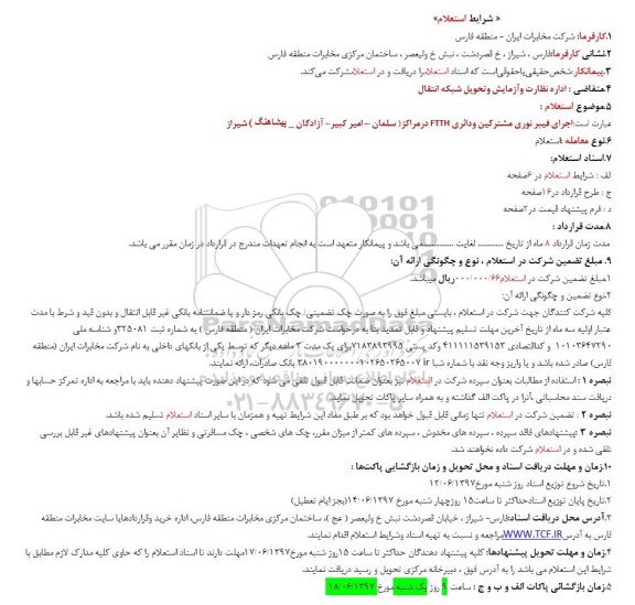 استعلام , استعلام اجرای فیبر نوری مشترکین و دائری FTTH 