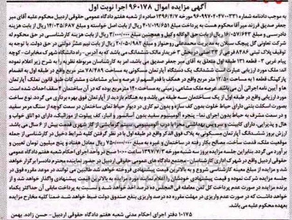 مزایده,مزایده ششدانگ آپارتمان مسکونی مساحت 78.489متر
