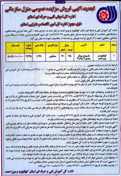 مزایده,مزایده منزل سازمانی مساحت عرصه 250متر 