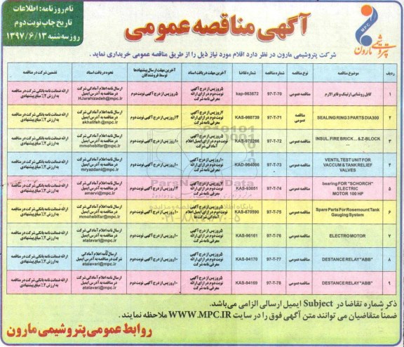 مناقصه عمومی, مناقصه کابل روشنایی ارتینگ و فایر الارم ...نوبت دوم