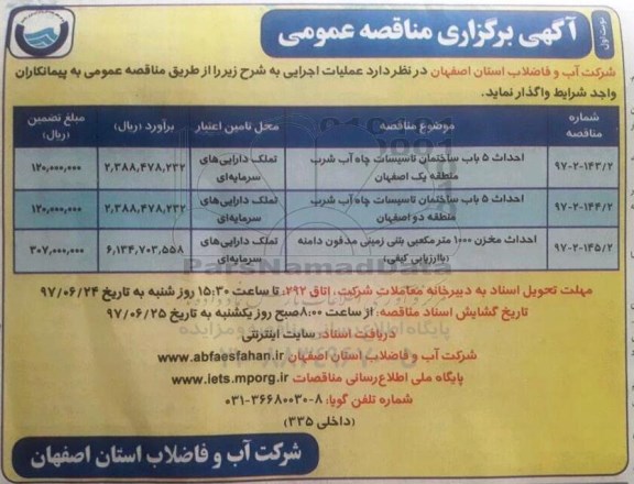آگهی برگزاری مناقصه عمومی, مناقصه احداث 5 باب ساختمان تاسیسات چاه آب شرب..