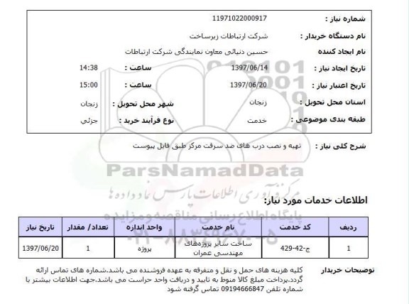 استعلام, استعلام تهیه و نصب درب های ضد سرقت مرکز