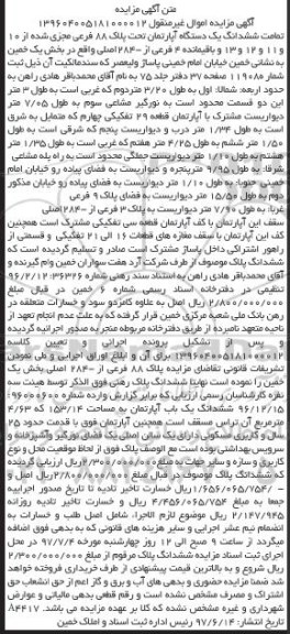 مزایده,مزایده ششدانگ آپارتمان مساحت 153.14متر