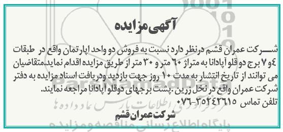 مزایده , مزایده فروش دو واحد آپارتمان مساحت 60 و 30متر