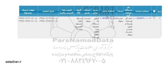مزایده فروش یکدستگاه خودروی مزدا 1600