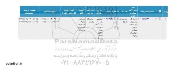 مزایده فروش یکدستگاه خودروی مزدا 1600 