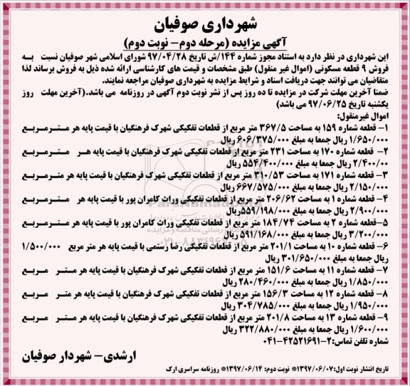 مزایده,مزایده فروش نه قطعه مسکونی نوبت دوم 