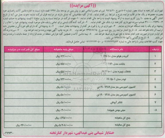 مزایده,مزایده اجاره ماشین آلات راهسازی