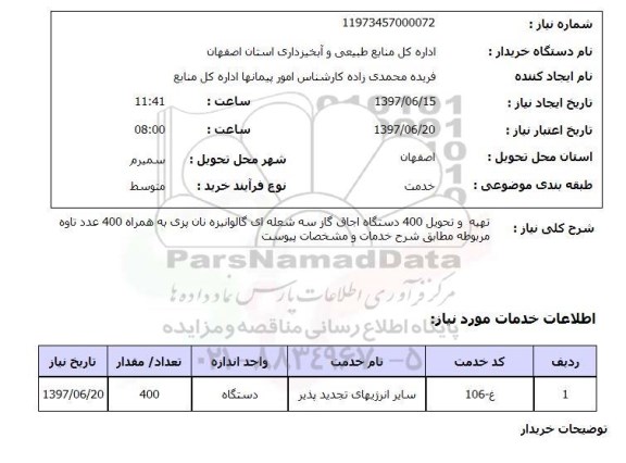 استعلام, تهیه و تحویل 400 دستگاه اجاق گاز سه شعله ای گالوانیزه نان پزی ...