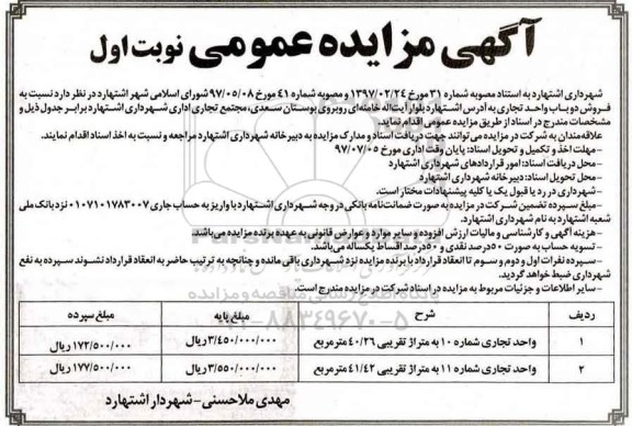 مزایده,مزایده فروش دو باب واحد تجاری مساحت 40.26 و 41.42متر