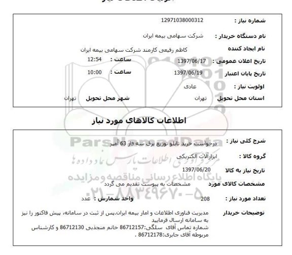 استعلام, استعلام درخواست خرید تابلو توزیع برق سه فاز 63 آمپر