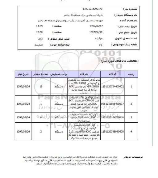 استعلام, استعلام کولر گازی اسپیلت سرمایشی و گرمایشی و ...